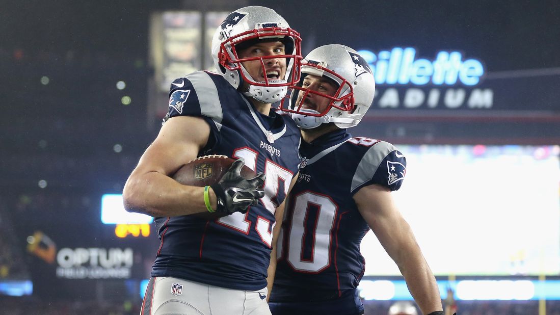 Chris Hogan, left, of the Patriots celebrates with Danny Amendola  after scoring a touchdown in the first quarter.