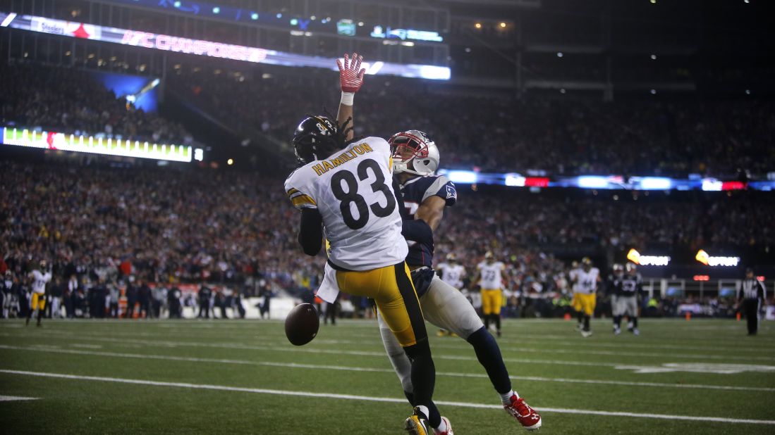 Patriots defensive back Eric Rowe breaks up a pass intended for the Steelers Cobi Hamilton in the second quarter.