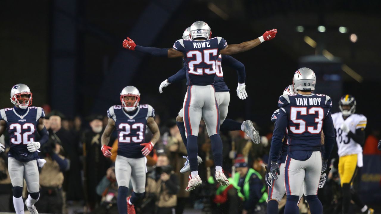 Patriots defensive back Eric Rowe celebrates with Logan Ryan after Ryan broke up a pass in the fourth quarter.