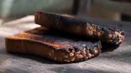 Crispy and Crunchy Over Burned Toasts place outdoor on wooden stool in Daylight