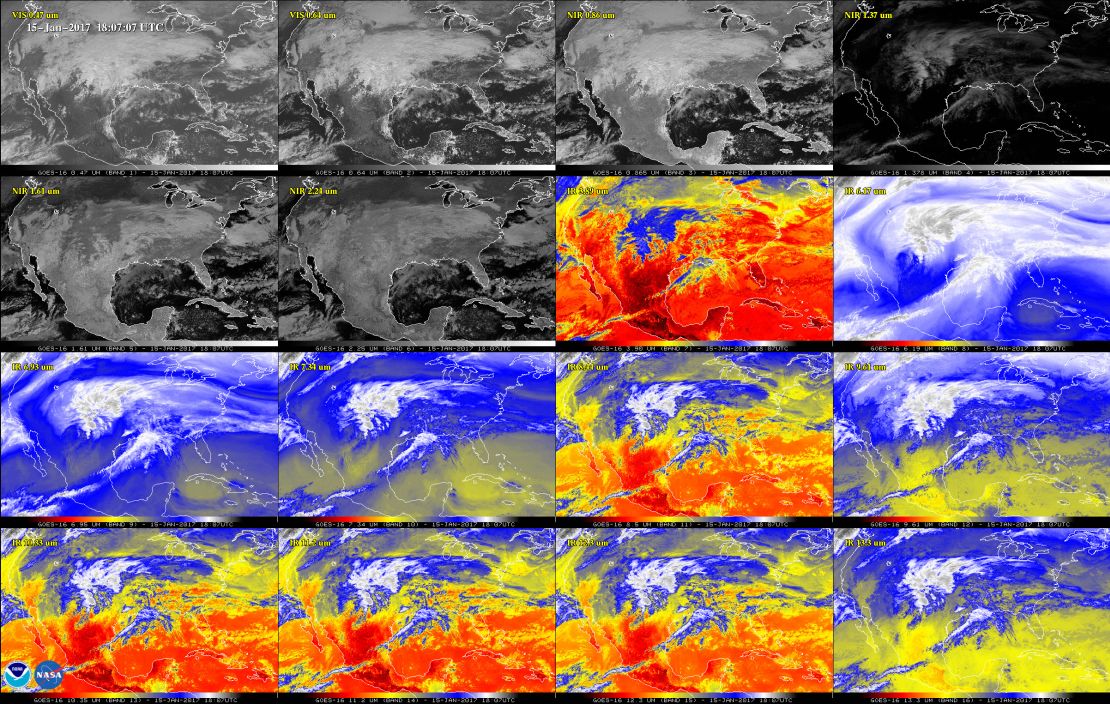 GOES-16 has 16 ways to view the Earth, three times more spectral channels than previous geostationary weather satellites. This image shows the two visible, four near-infrared and 10 infrared channels captured by the satellite's Advanced Baseline Imager. 