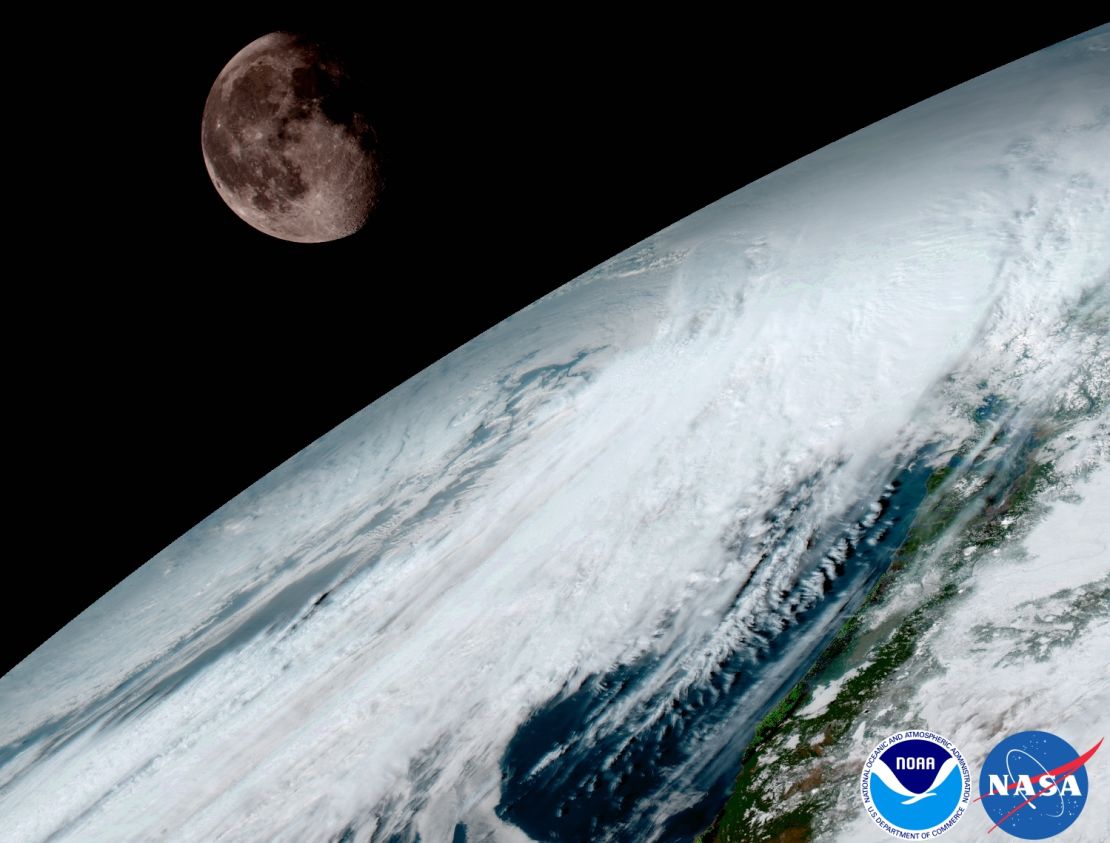 GOES-16 captured this spectacular image of the moon peeking over Earth's horizon on January 15.