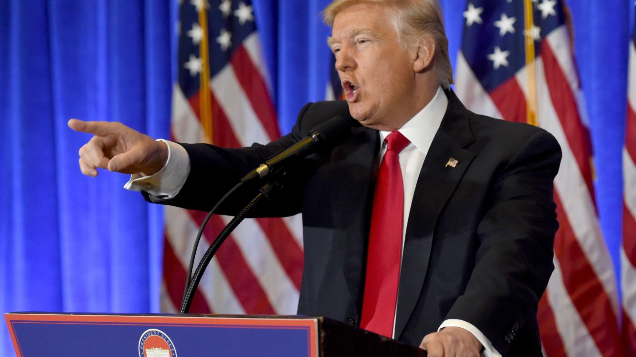 US President-elect Donald Trump speaks during a press conference January 11, 2017 at Trump Tower in New York.
Trump held his first news conference in nearly six months Wednesday, amid explosive allegations over his ties to Russia, a little more than a week before his inauguration. / AFP / TIMOTHY A. CLARY        (Photo credit should read TIMOTHY A. CLARY/AFP/Getty Images)