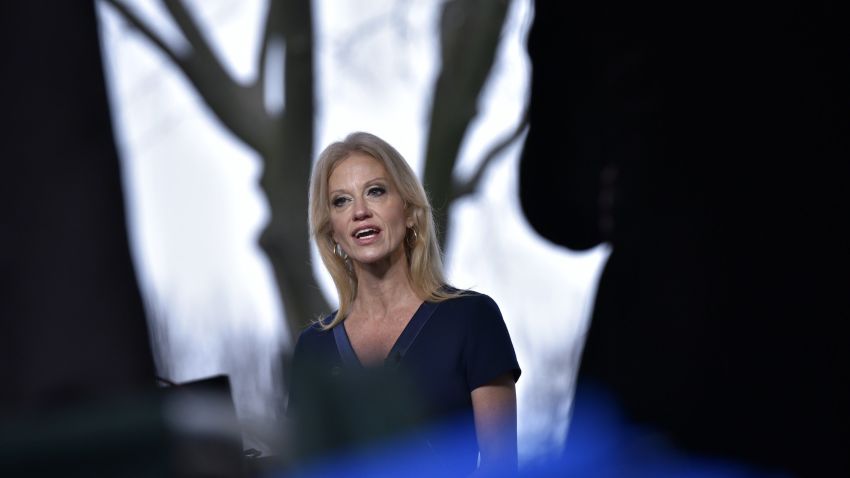 Counselor to the President Kelleyanne Conway speaks during interviews with news morning shows outside the White House on January 22, 2017, in Washington, DC. / AFP / MANDEL NGAN (Photo credit should read MANDEL NGAN/AFP/Getty Images)