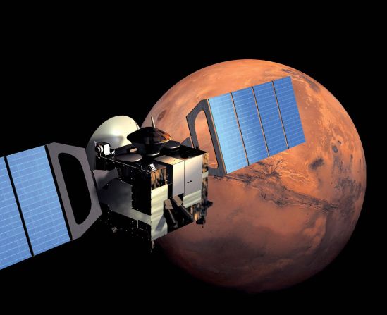 This artist impression from the ESA shows Mars Express in orbit around Mars. 