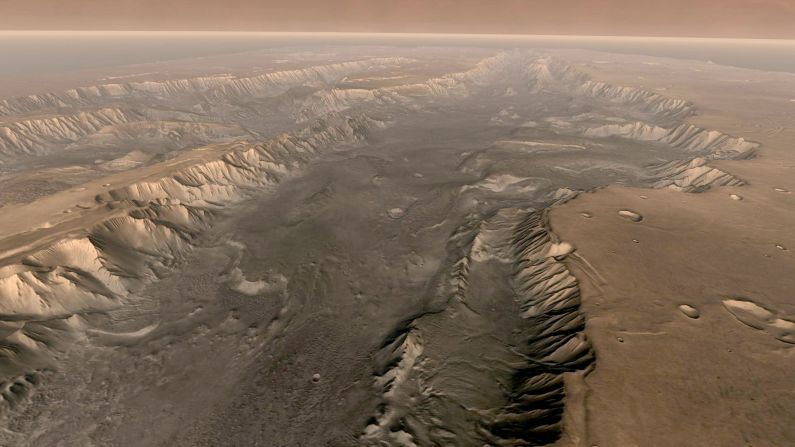 Taken from NASA's Mars Odyssey spacecraft, this composite image shows Mars' own Grand Canyon, Valles Marineris, on the surface of the planet. The Valles Marineris is 10 times longer, five times deeper and 20 times wider than Earth's Grand Canyon.  