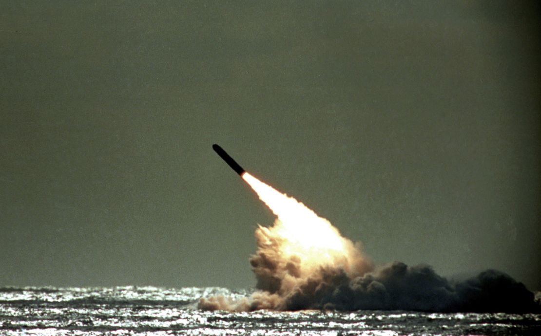 A Trident missile is launched by the US navy during a test in 1989.