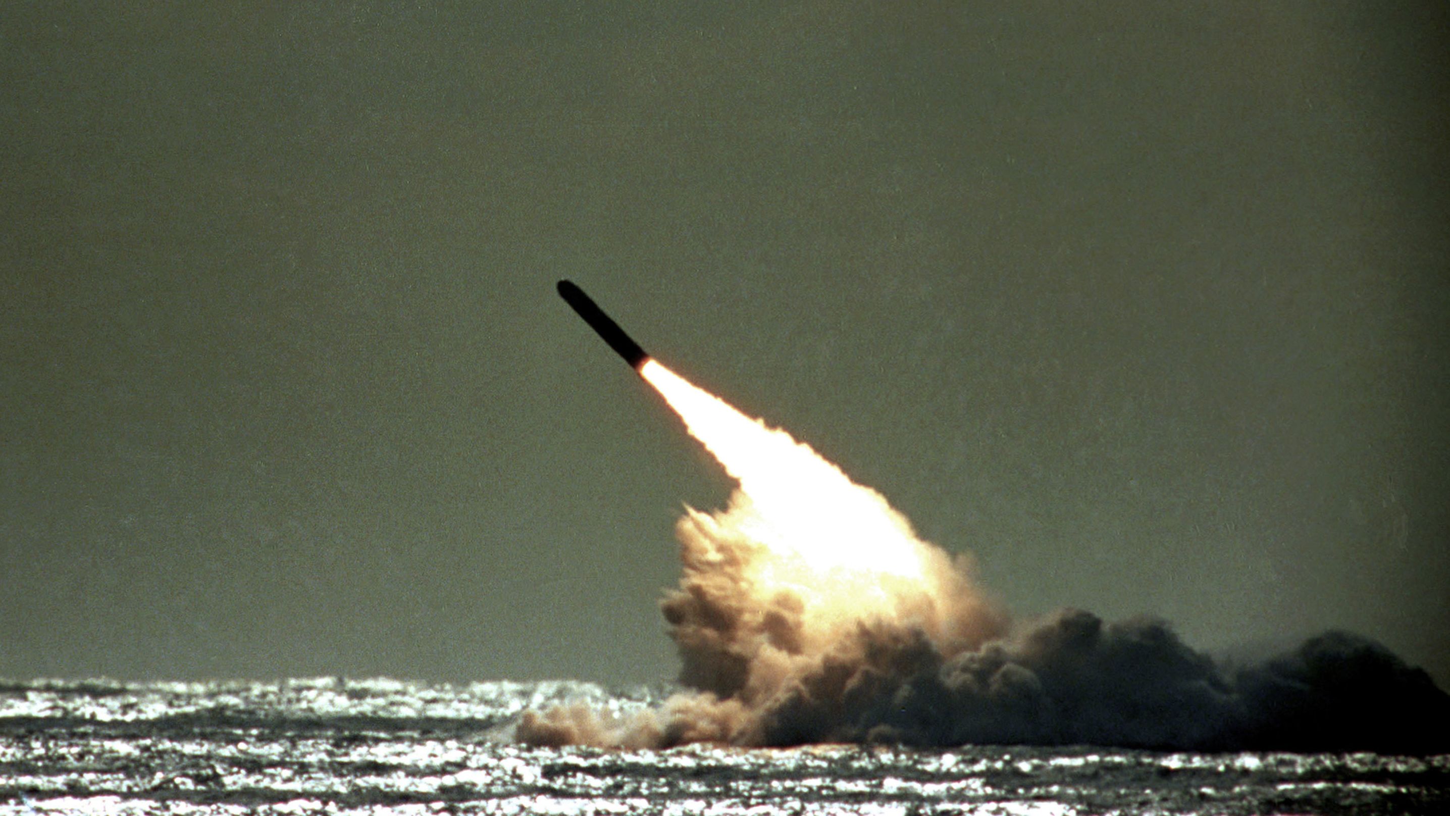 A Trident missile is launched by the US navy during a test in 1989.