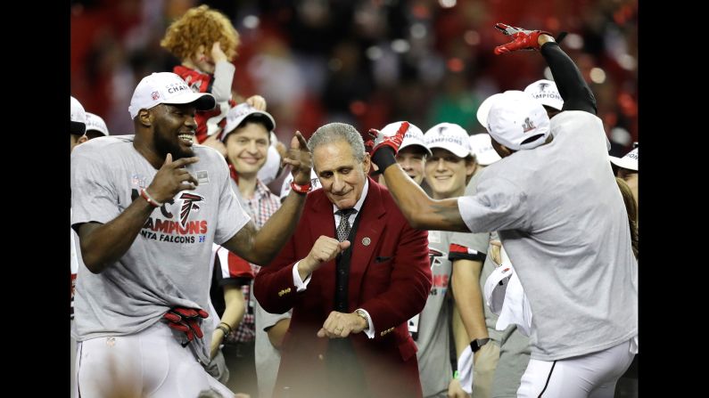 Arthur Blank, the owner of the Atlanta Falcons, dances with players after they <a href="index.php?page=&url=http%3A%2F%2Fwww.cnn.com%2F2017%2F01%2F22%2Fus%2Fnfl-playoffs-nfc-and-afc-championship-games%2Findex.html" target="_blank">clinched a spot in the Super Bowl</a> on Sunday, January 22. The Falcons crushed Green Bay 44-21 in the NFC Championship.