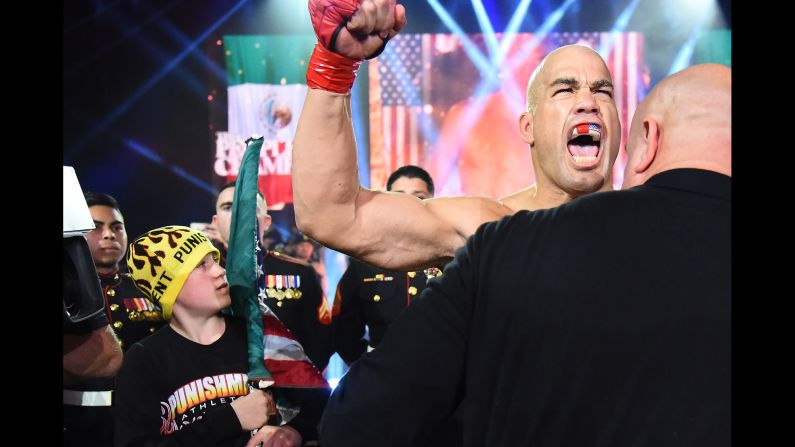MMA legend Tito Ortiz prepares to enter the cage for his Bellator bout against Chael Sonnen on Saturday, January 21. Ortiz won by first-round submission and said it would be his final fight. 