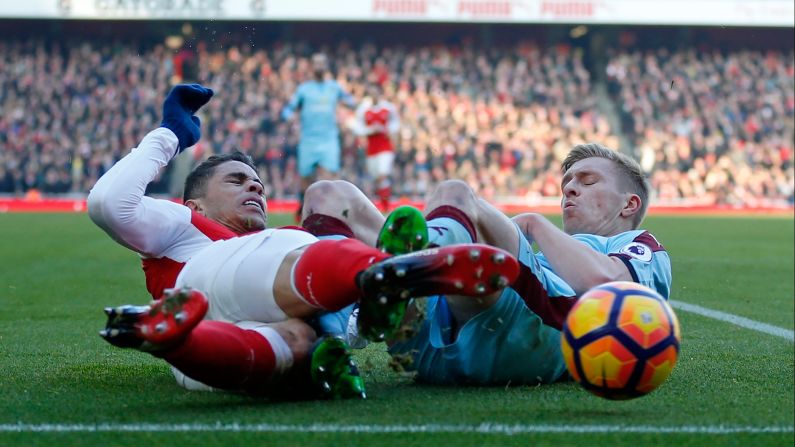 Arsenal defender Gabriel, left, collides with Burnley's Ben Mee during a Premier League match in London on Sunday, January 22.