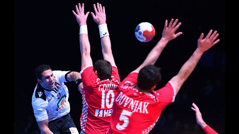 Egyptian handball player Eslam Issa takes a shot against Croatia during a World Championship match on Sunday, January 22. Croatia won 21-19 to advance to the quarterfinals.