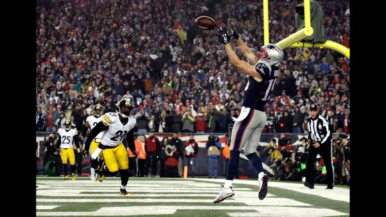 New England wide receiver Chris Hogan catches one of his two touchdown passes in the AFC Championship on Sunday, January 22. Hogan finished the game with nine catches for 180 yards.
