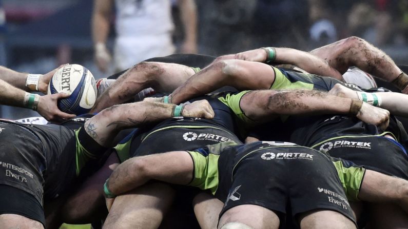 Players with Connacht Rugby, a professional team from Ireland, pack together during a Champions Cup match in Toulouse, France, on Sunday, January 22.