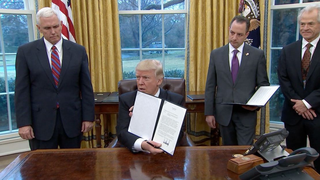 President Trump after signing executive actions in the first day of his presidency.