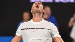 TOPSHOT - Spain's Rafael Nadal celebrates his victory against France's Gael Monfils during their men's singles fourth round match on day eight of the Australian Open tennis tournament in Melbourne on January 23, 2017. / AFP / SAEED KHAN / IMAGE RESTRICTED TO EDITORIAL USE - STRICTLY NO COMMERCIAL USE        (Photo credit should read SAEED KHAN/AFP/Getty Images)