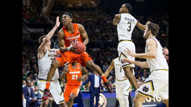 Syracuse's Tyus Battle goes up for a layup during a college basketball game at Notre Dame on Saturday, January 21.