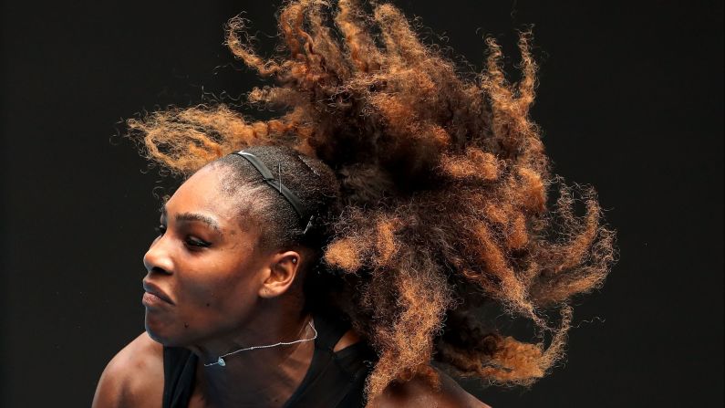 Serena Williams serves to Barbora Strycova during a fourth-round match at the Australian Open on Monday, January 23. Williams won in straight sets.
