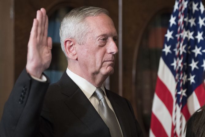 Retired Marine Gen. James Mattis, President Trump's pick for defense secretary, is sworn in <a href="index.php?page=&url=http%3A%2F%2Fwww.cnn.com%2F2017%2F01%2F20%2Fpolitics%2Fsenate-trump-cabinet-confirmations%2F" target="_blank">after being confirmed by a 98-1 vote</a> on Friday, January 20.