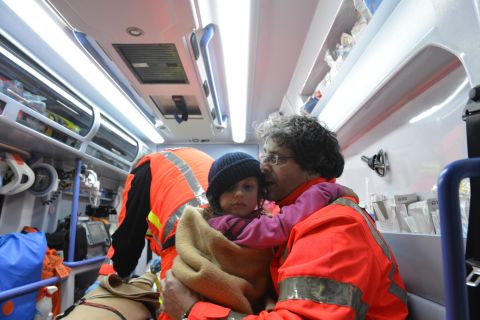 One of three children rescued from the avalanche zone is transported to a hospital in Pescara, on Friday, January 20.