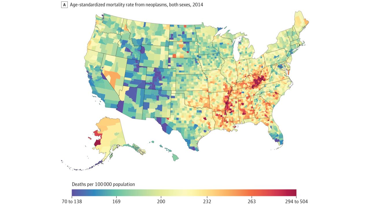 <a href="http://www.cnn.com/2017/01/24/health/cancer-cluster-disparities-county-study/">A study shows</a> cancer deaths in counties across the nation, revealing clusters that have lagged behind national cancer efforts. Deaths from all cancers in 2014 were highest along the Mississippi River, near the Kentucky-West Virginia border, western Alaska and the South in general. Deaths were lowest in places like Utah and Colorado.