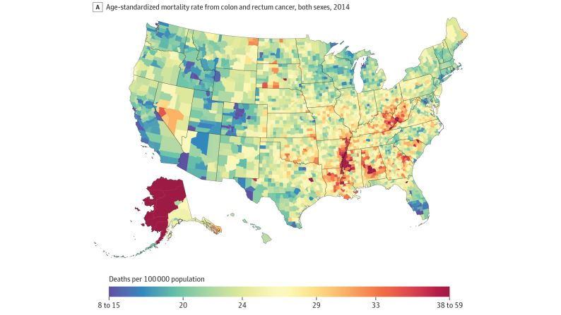 Deaths from colorectal cancers in 2014 were highest along parts of the Mississippi River, along the Kentucky-West Virginia border, and in Alaska, southern Alabama and Louisiana. 