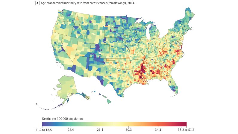 Deaths from breast cancer in 2014 were highest along the Mississippi River and the Southern belt. Deaths were lowest in parts of the Northeast, West and Upper Midwest.