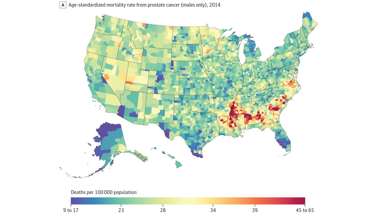 Similar to breast cancer, deaths from prostate cancer in 2014 were highest along the Mississippi River and the Southern belt. Deaths were lowest in South Florida and along the US-Mexico border.