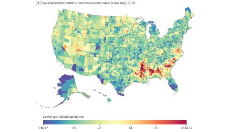 Deaths from prostate cancer in 2014 were highest along the Mississippi River and the Southern Belt. Deaths were lowest in South Florida and along the US-Mexico border.