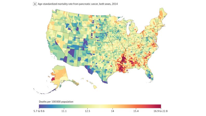 Deaths from pancreatic cancer in 2014 were highest in the South and lowest in parts of Colorado, Arizona, Florida and Texas.