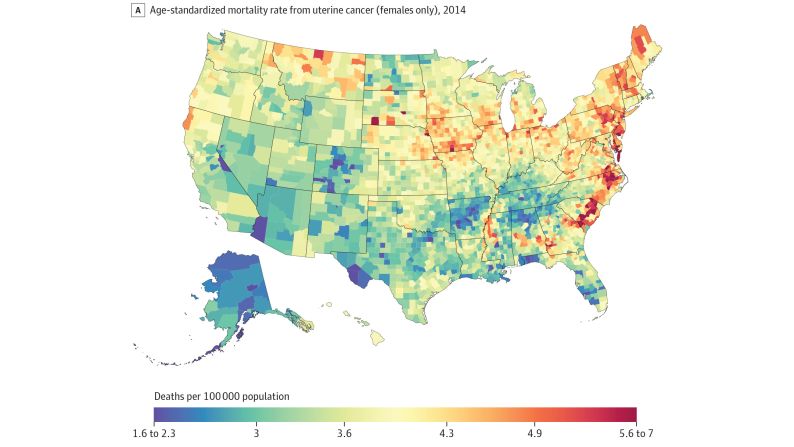 Deaths from uterine cancer in 2014 were highest in parts of Montana and along the East Coast from South Carolina to Maine. Deaths were lowest in parts of Alaska, Texas and the Southwest.