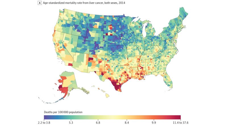 Deaths from liver cancers in 2014 were highest in Alaska, several counties in South Dakota, and parts of Texas along the border with Mexico. Deaths were lowest in the Midwest and mountain states.