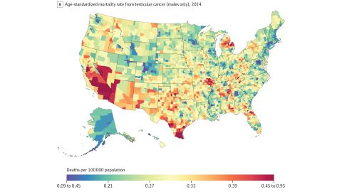Deaths from testicular cancers in 2014 were highest in California and Nevada, with smaller clusters in Missouri, Michigan and Texas. Deaths were lowest in parts of Colorado, in the District of Columbia and around the Atlanta and Minneapolis areas.