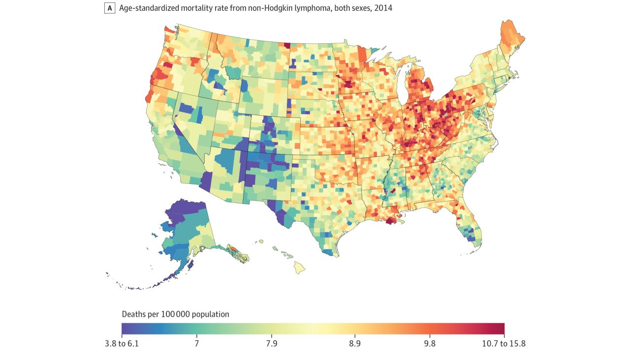 Deaths from non-Hodgkin's lymphoma in 2014 were highest in parts of the Midwest, the Appalachian region and Louisiana. Deaths were lowest near the "Four Corners" and in Alaska and western Texas.