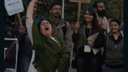Long-time activist, Nisha Sidhu, leads the younger protests in a chant, at Jaipur's #IWillGoOut march.