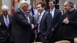 WASHINGTON, DC - JANUARY 24: (AFP-OUT) President Donald Trump greets CEO of Ford Motor Company Mark Fields as CEO of Fiat Chrysler Automobiles Sergio Marchionne (R) and Senior Advisor Jared Kushner (2R) look on during a meeting with auto industry leaders in the Roosevelt Room of the White House on January 24, 2017 in Washington, DC. President Trump has a full day of meetings including one with Senate Majority Leader Mitch McConnell and another with the full Senate leadership. (Photo by Shawn Thew-Pool/Getty Images)