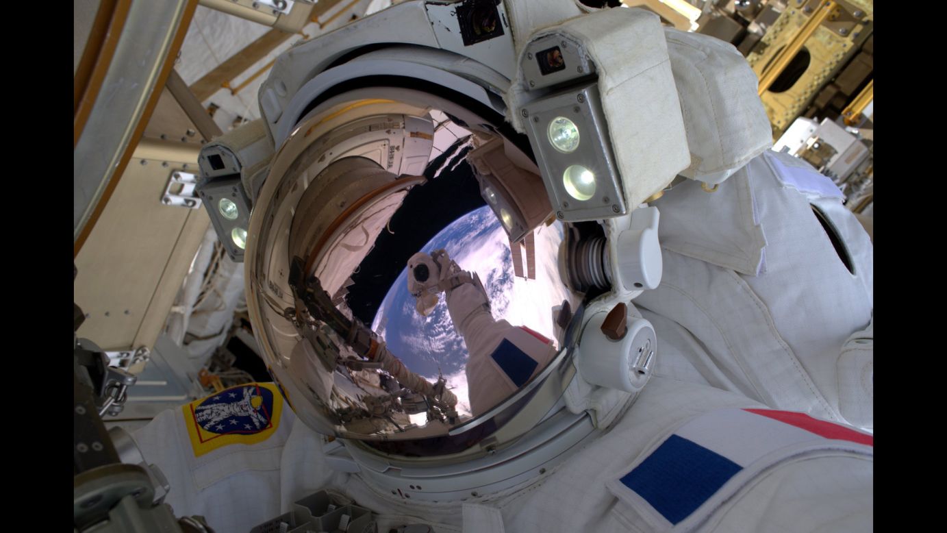 "The requisite space selfie!" <a href="https://twitter.com/Thom_astro/status/820030329721409536" target="_blank" target="_blank">tweeted French astronaut Thomas Pesquet</a> on Friday, January 13. "Nice reflection of Earth in the helmet. Unbelievable feeling to be your own space vehicle." Pesquet is on a six-month mission aboard the International Space Station.