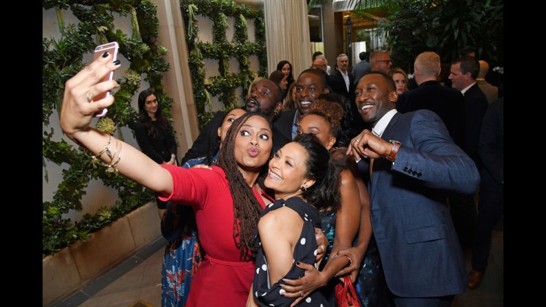 Film director Ava DuVernay takes a selfie with a group of actors at the BAFTA Tea Party in Los Angeles on Saturday, January 7. The actors around DuVernay, starting from bottom right and going counter-clockwise, are Thandie Newton, Ryan Michelle Bathe, Mahershala Ali, Sterling K. Brown, Brian Tyree Henry and Tracee Ellis Ross.