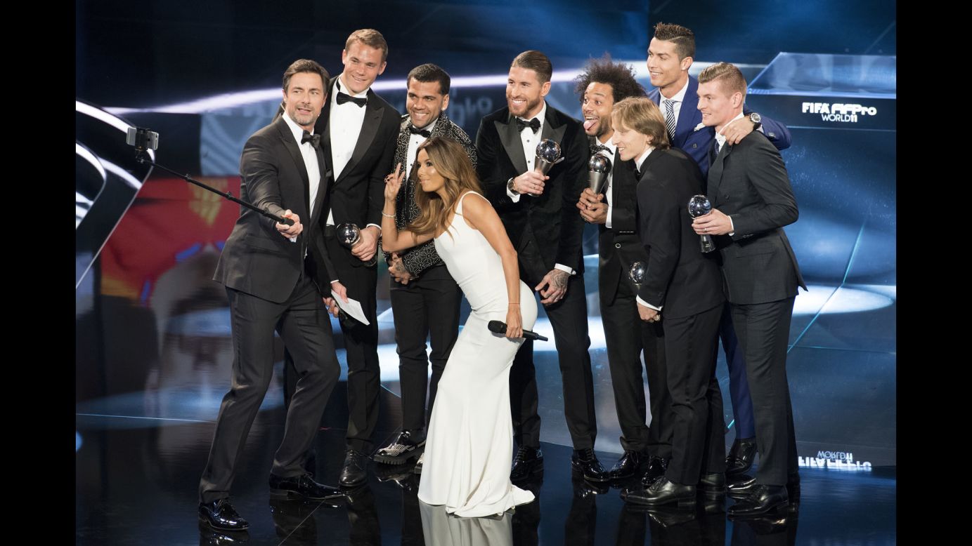 Marco Schreyl uses a selfie stick as he co-hosts The Best FIFA Football Awards on Monday, January 9. With Schreyl on stage are co-host Eva Longoria and some of the world's top soccer players: from left, Manuel Neuer, Dani Alves, Sergio Ramos, Marcelo, Luka Modric, Cristiano Ronaldo and Toni Kroos.