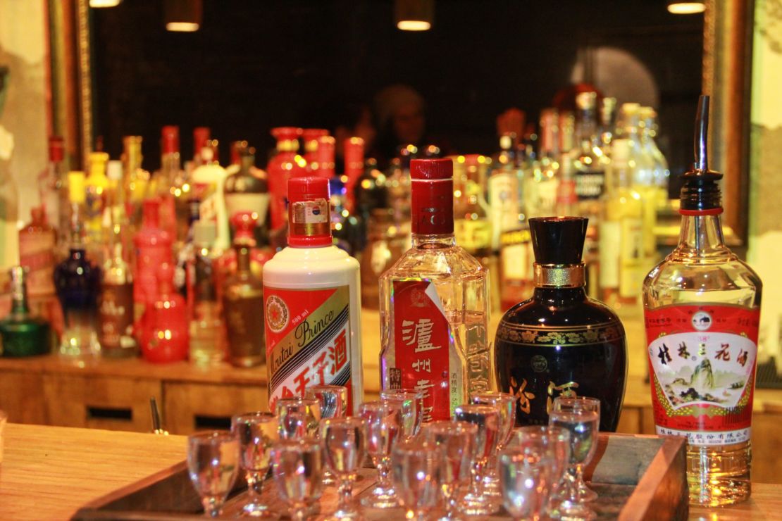 Capital Spirits' Baijiu flights go from lighest to strongest. Pictured is rice-aromatic Guilin Sanhua, light aromatic Fenjiu, strong aromatic Luzhou Laojiao then sauce aromatic Moutai Prince.