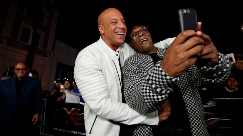 Vin Diesel, left, and Samuel L. Jackson -- stars of the new movie "xXx: Return of Xander Cage" -- take a selfie at the film's Hollywood premiere on Thursday, January 19.
