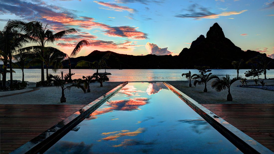<strong>Villa Aata, Bora Bora, Tahiti:</strong> Located on the distant South Pacific island, stunning views from the villa include the peaks of neighboring Tahaa and Raiata islands. 