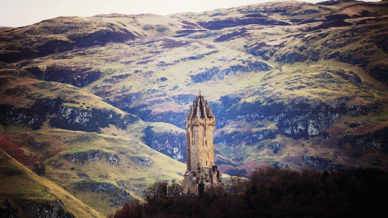 The Wallace Monument, which stands 220 feet high, surveying Stirling.