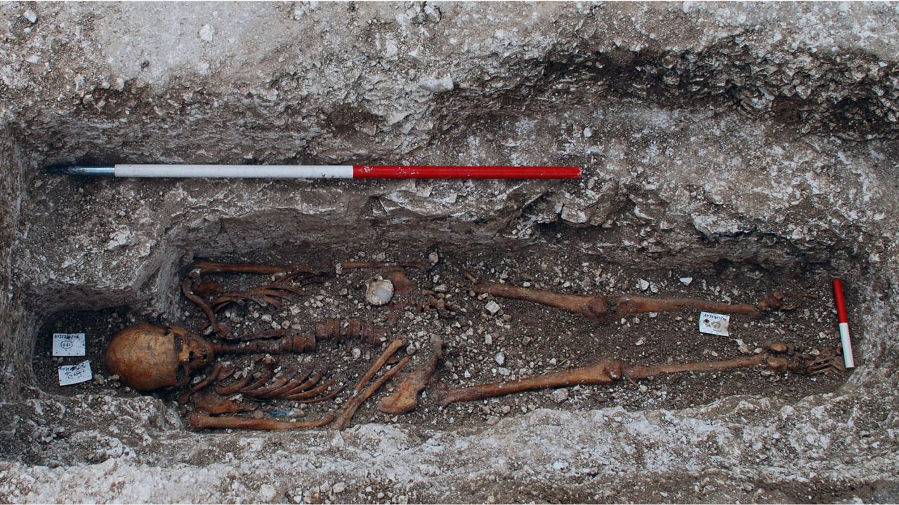 The burial site of a skeleton known as Sk27, a Medieval pilgrim, shows he was buried with a scallop shell.