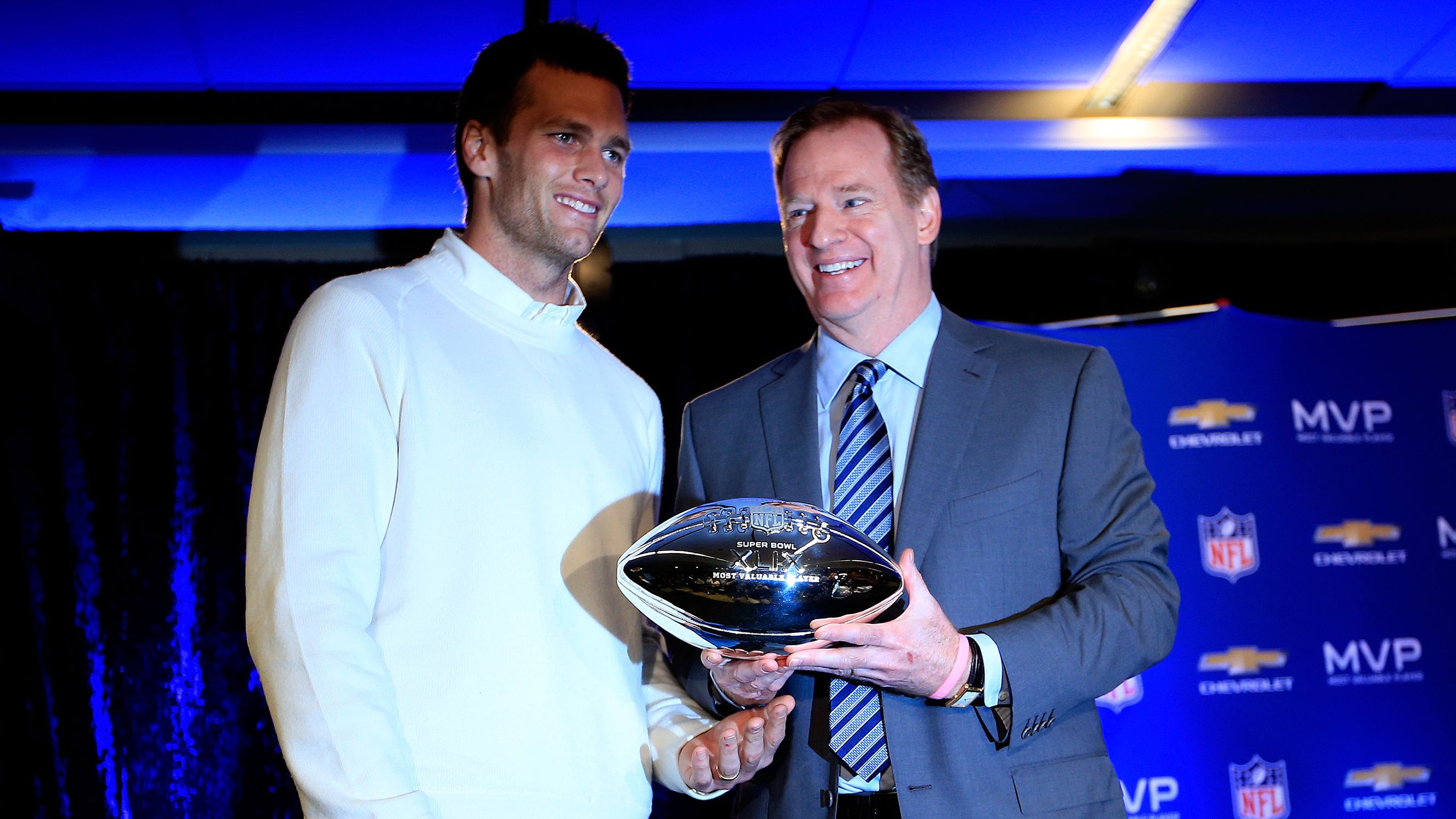 Brady with Goodell and the Super Bowl XLIX MVP trophy during a press conference folowing the New England Patriots Super Bowl win over the Seattle Seahawks on February 2, 2015.