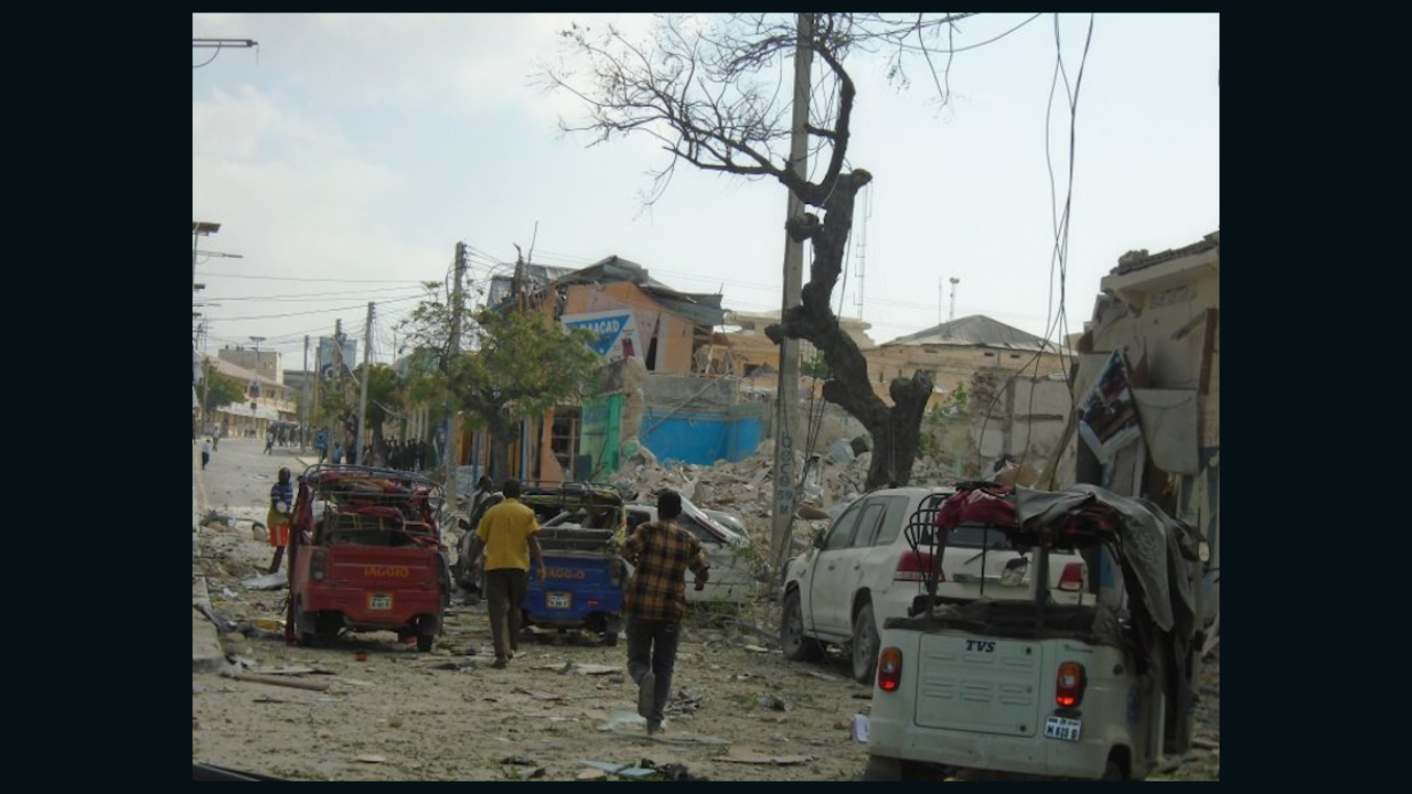 The explosion of a truck bomb leaves destruction Wednesday in the Somali capital of Mogadishu.