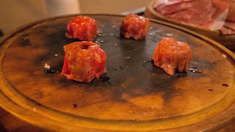 <strong>Raw beef: </strong>One of Nusr-et's signature dishes is beef sushi. Thin strips of raw beef are wrapped around rice balls.