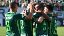 Chapecoense's player Amaral (2nd R) celebrates with teammates after scoring against Palmeiras, during a friendly football match held at  Arena Conda stadium in Chapeco, Santa Catarina state, in southern Brazil on January 21, 2017.
Most of the members of the Chapocoense football team perished in a November 28, 2016 plane crash in Colombia. / AFP / NELSON ALMEIDA        (Photo credit should read NELSON ALMEIDA/AFP/Getty Images)
