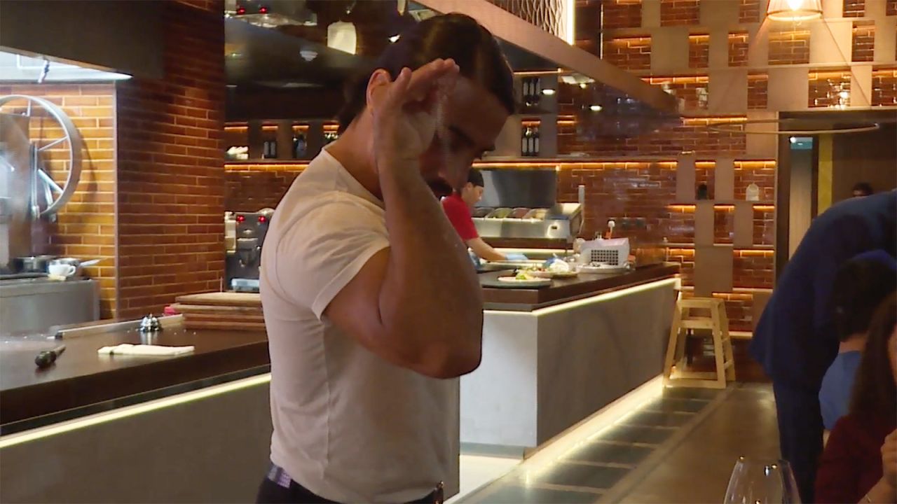<strong>Man with the magic hand: </strong>Instagram sensation Nusret Gokce, a.k.a. Salt Bae, does his stuff for customers at his new restaurant in Abu Dhabi, the Nusr-et Steakhouse. 