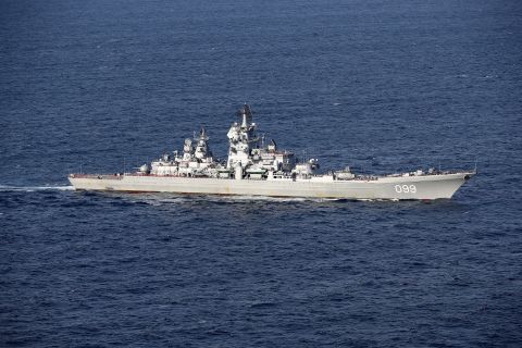 The Russian guided missile cruiser Petr Velikiy escorts the Admiral Kuznetsov through the English Channel on January 25.